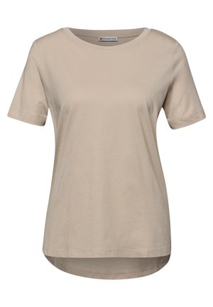 Camiseta de algodón beige de manga corta con cuello redondo y dobladillo ligeramente curvado, etiquetada Street One en el interior del cuello.
