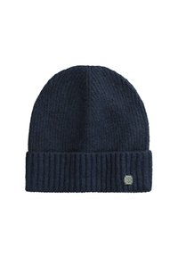 Navy blue knitted beanie with a ribbed texture, featuring a folded cuff and a small logo patch on the side.