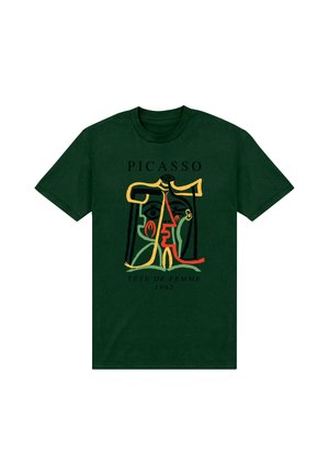 Donkergroene T-shirt met kleurrijk abstract gezichtontwerp, tekst ""PICASSO"" boven en ""TÊTE DE FEMME 1962"" onder het kunstwerk.