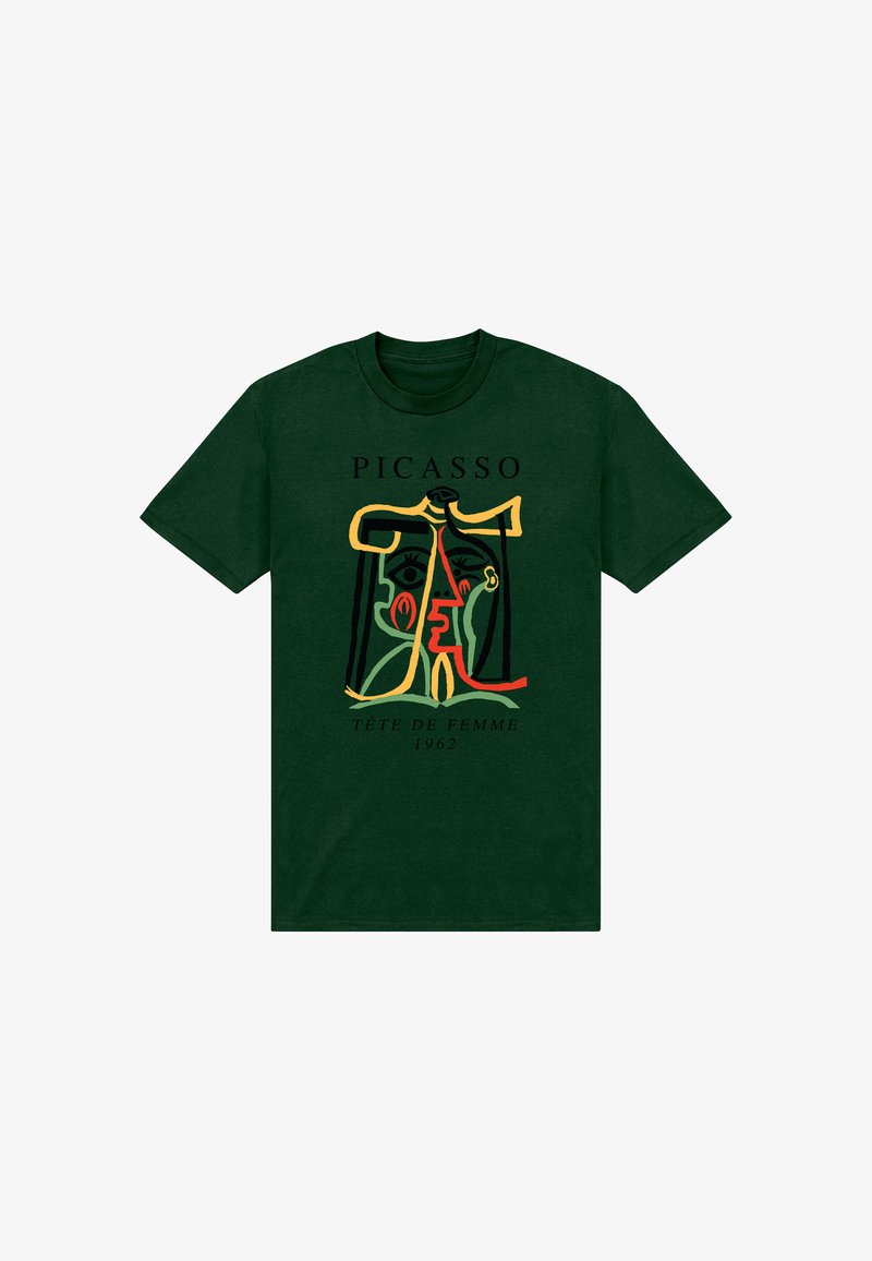Dark green t-shirt with colorful abstract face design, "PICASSO" text above, and "TÊTE DE FEMME 1962" below the artwork.