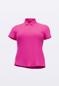 Rózsaszín póló finom anyagból, strukturált gallérral, háromgombos rejtett rátéttel és kis logóval az alsó szegélyén. Rövid ujjú.