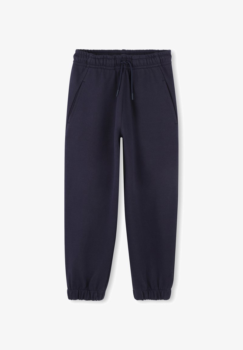 Marineblauwe sweatpants van katoen, met een elastische tailleband met trekkoord, twee zijzakken en elastische boorden.
