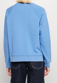 Ljusblå sweatshirt med rund halsringning, långa raglanärmar, ribbade muddarna och midjan. Slät tyg, inga synliga mönster eller logotyper.