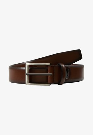 Cintura in pelle marrone con una fibbia rettangolare lucida in argento. Superficie liscia, design robusto e dotata di una chiusura con una sola linguetta.