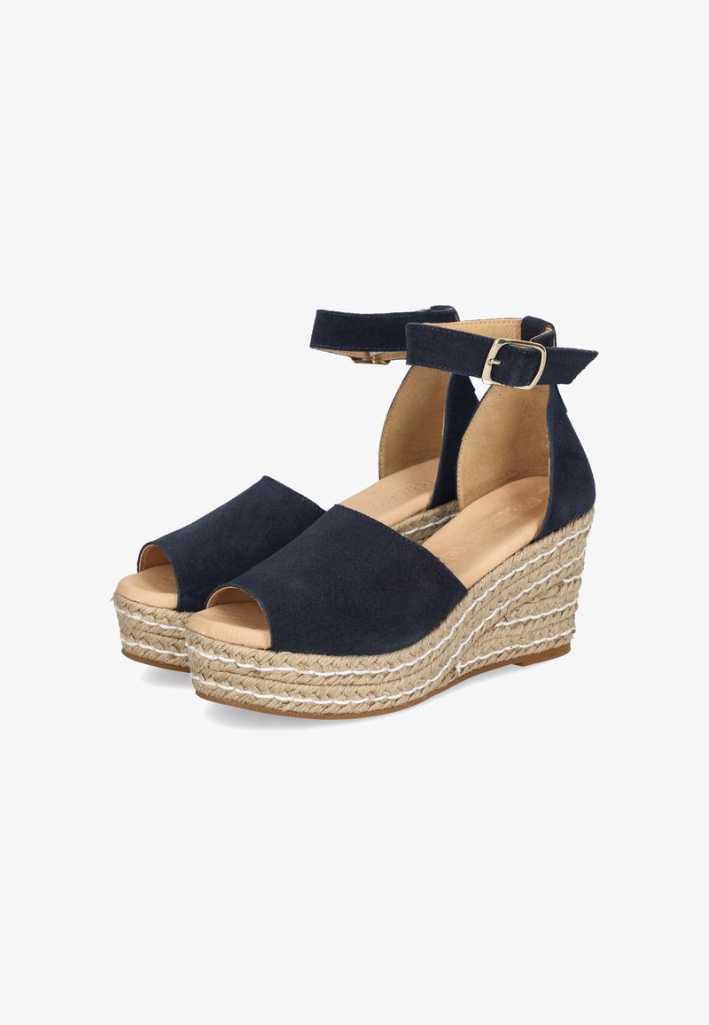 Sandales à talons compensés en suédine bleu marine, ouvertes à l'avant et avec une bride à la cheville, dotées d'une plateforme enveloppée de jute et de détails cousus.