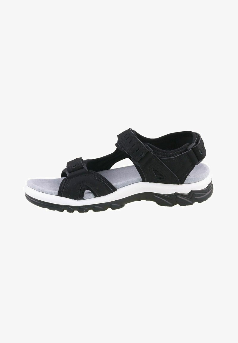 Black outdoor sandal featuring synthetic straps, adjustable Velcro closures, a cushioned gray footbed, and a textured black rubber sole.
