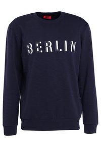 Felpa blu navy con maniche lunghe, polsini e orlo a costine, caratterizzata dalla parola "BERLINO" in grassetto, in lettere bianche su tutta la parte anteriore.
