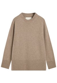 Beżowy sweter z okrągłym dekoltem, długimi rękawami raglanowymi, ściągaczami przy rękawach i u dołu. Wykonany z miękkiego, strukturalnego materiału.