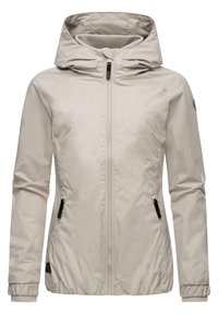 Lichtbeige gewatteerde jas met een rits aan de voorkant, elastische boorden en twee ritszakken aan de zijkant. Glad materiaal met een subtiele glans.