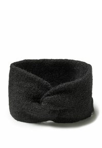 Fascia nera in tessuto con design a nodo intrecciato. Texture morbida e forma larga, ideale per tenere i capelli in posizione.