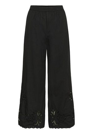 Pantalon noir à jambes larges avec taille élastique et broderie florale en découpe près de l'ourlet festonné.