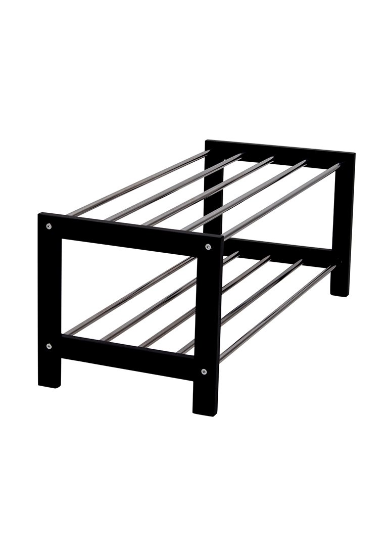 Module de rangement à chaussures noir en métal avec six barres horizontales en métal argenté. Design ouvert, forme rectangulaire avec des coins arrondis et matériel visible.
