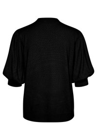 Czarny sweter z krótkim rękawem, z bufiastymi rękawami i ribbowymi mankietami, z delikatnym wzorem teksturalnym i okrągłym dekoltem.