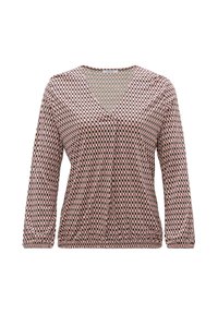 Langärmlige Bluse mit V-Ausschnitt, die ein geometrisches Muster in Rosa- und Schwarztönen zeigt, aus einem glatten Stoff mit leichtem Glanz gefertigt.
