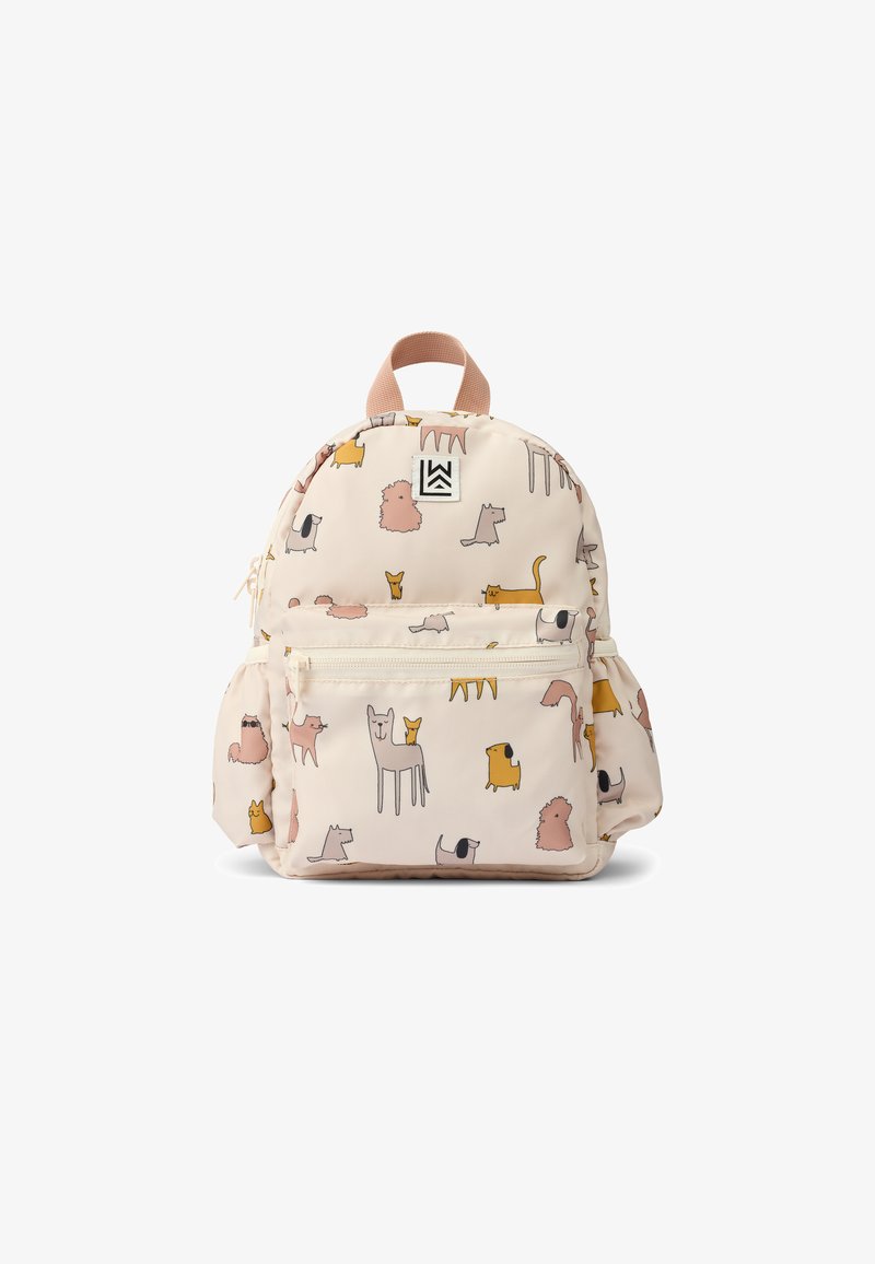 Mochila ligera de crema hecha de tela que presenta un patrón de varios perros y animales. Incluye un bolsillo frontal y correas ajustables.