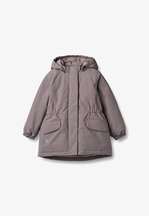 Abrigo aislante de color púrpura claro con capucha, puños elásticos, dos bolsillos delanteros y un exterior liso. Forrado con tela suave para mayor comodidad.