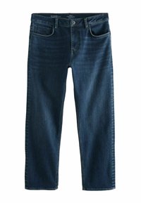 Dunkelblaue Denim-Jeans mit geradem Bein, fünf Taschen und einem Reißverschluss. Sie verfügen über dezente Ausbleichungen an den Oberschenkeln und einen klassischen gestickten Taillenbund.