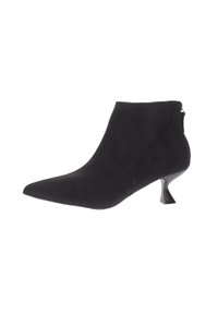 Stivale alla caviglia in suede nero con punta affusolata, tacco a cono basso e zip laterale. Texture liscia con linee pulite e dettagli minimi.