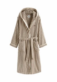 Badjas met capuchon met verticale strepen in bruin en beige, twee zakken aan de voorkant en een ceintuur in de taille, met het etiket "self." op de borst en kraag.