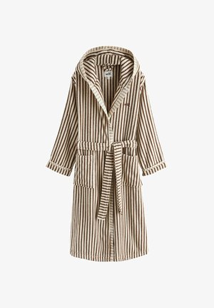 Hooded bathrobe with brown and beige vertical stripes, two front pockets, and a tied waist belt, labeled "self." on chest and collar.