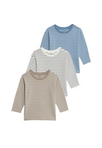 Drei langärmelige gestreifte Hemden in einer Farbpalette aus Blau, Weiß und Beige mit kontrastierenden horizontalen Streifen und runden Ausschnitten.