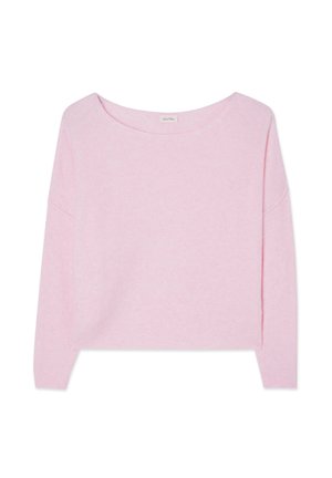 Světle růžový svetr s dlouhými rukávy, širokým výstřihem a žebrovanými manžetami, položený na bílem pozadí.