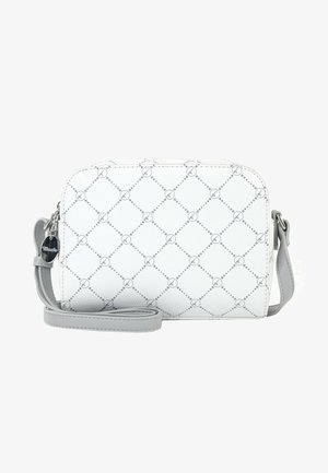 Sac bandoulière blanc avec motif gris de losanges et cercles, bandoulière réglable et charm métallique rond de la marque sur la tirette du zip.