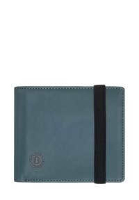 Portefeuille en cuir bleu avec une finition texturée, fermeture en band elastique noire, et logo en relief. Présente des coutures précises le long des bords.