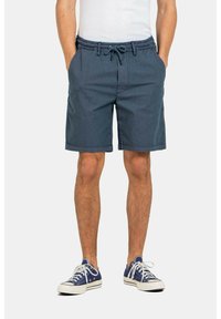 Pantalones cortos azul marino hechos de tela ligera, con una cintura elástica con cordón, bolsillos laterales y un ajuste relajado.
