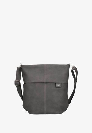 Borsa a tracolla in ecopelle grigia con tracolla regolabile, chiusura con zip, tasca frontale e dettagli del logo discreti. Texture liscia.