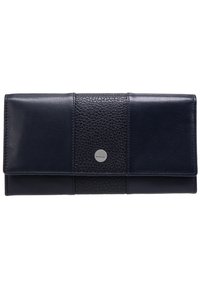 Portafoglio in pelle blu navy con texture a grana, hardware di logo in argento e design rettangolare elegante. Sezioni lisce e con motivo.