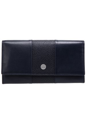 Portefeuille en cuir marine avec une texture granuleuse, un matériel logo en argent et un design rectangulaire élégant. Sections lisses et à motifs.