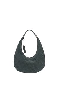 Vävd handväska i mörkgrönt läder med en kurvad hobo-form, utrustad med ett enkelt handtag upptill och subtil detalj med dragkedja.
