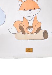 Soft fabric bag featuring a cartoon orange fox with white accents, sitting on a log holding an acorn. Includes a brown label with "Sternentaler."