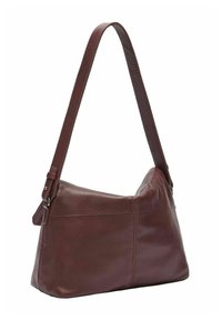 Brązowa skórzana torba na ramię o zakrzywionym kształcie, regulowanym pasku, gładkiej fakturze i subtelnych detalach przeszyć.