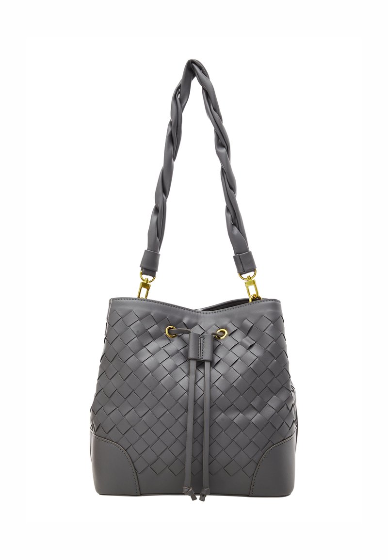 Gray woven leather bucket bag with a braided handle, drawstring closure, gold-tone hardware, and contrasting matte bottom accents.