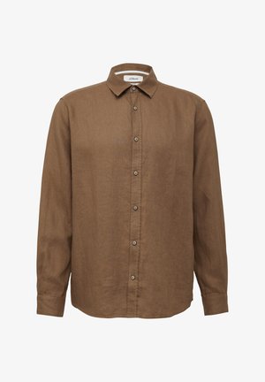 Bruine lange mouwen blouse van gestructureerde stof, met een knoopsluiting aan de voorkant, een puntkraag en een gebogen zoom.