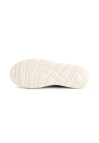 Semelle de chaussure en caoutchouc blanc avec un motif de grip texturé et le logo du fabricant. Forme courbée avec un dessous plat pour la stabilité et la traction.