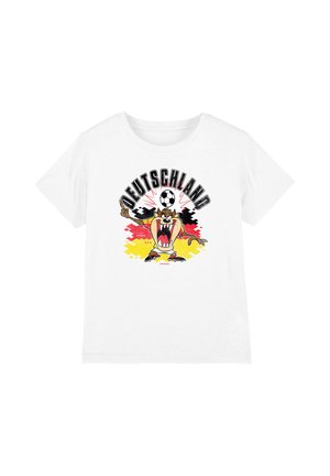 White T-shirt with a cartoon Tasmanian Devil kicking a soccer ball, German flag colors background, and word "Deutschland" above.