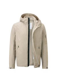 Beige lightweight jacket featuring a hood, front zipper, two zippered side pockets, and a zippered sleeve pocket. Smooth texture, casual design.