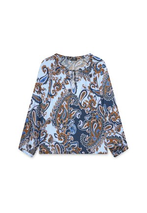 Blusa de manga larga con un patrón de paisley en azul, marino y marrón sobre un fondo azul claro, con un escote redondo y detalle de lazo.