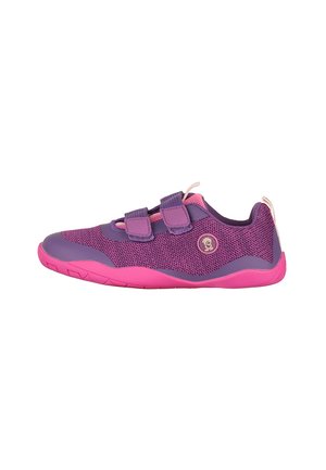 Purple and pink children's athletic shoe with two velcro straps and a small monkey logo on the side, shown in side profile.