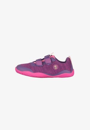 Purple and pink children's athletic shoe with two velcro straps and a small monkey logo on the side, shown in side profile.