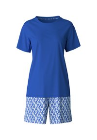 Blauwe katoenen t-shirt met korte mouwen, gecombineerd met blauwe en witte shorts met een spiraalpatroon. Lichtgewicht stof en een ontspannen pasvorm.