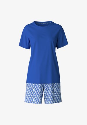 Blauwe katoenen t-shirt met korte mouwen, gecombineerd met blauwe en witte shorts met een spiraalpatroon. Lichtgewicht stof en een ontspannen pasvorm.