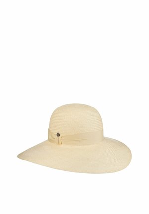 Beige wide-brimmed sun hat with woven texture and matching fabric band featuring a small round metallic button on the side.