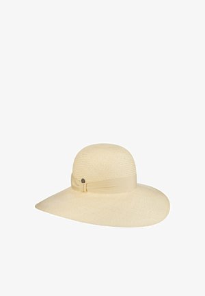 Beige wide-brimmed sun hat with woven texture and matching fabric band featuring a small round metallic button on the side.