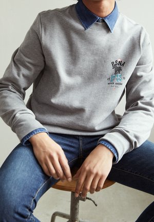 Osoba nosící šedou mikinu s potiskem zebry a nápisy "PSNA" a "NEVER ASSUME" přes modrou košili s límečkem, sedící na dřevěné stoličce.