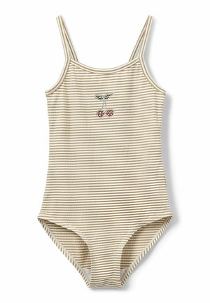 Costum de baie întreg, cu dungi, în nuanțe de bej și crem, cu bretele spaghetti reglabile și broderie cu cireșe în roșu și verde în față.