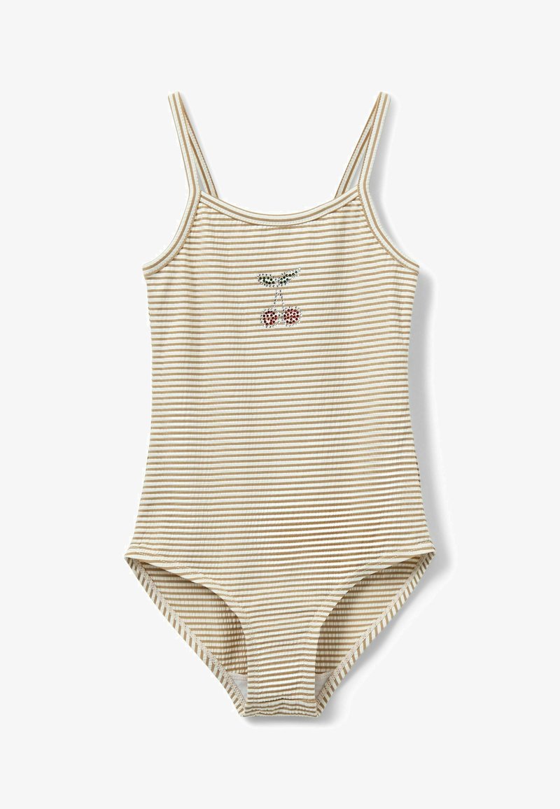 Maillot de bain une pièce rayé beige et crème avec bretelles spaghetti réglables et broderie de cerises en rouge et vert à l'avant.